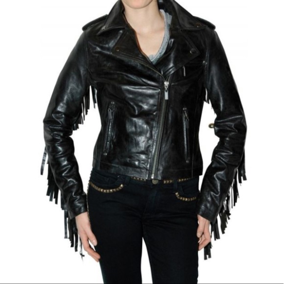 William Rast Leather Fringe Jacket (Black) - Picture 7 of 9